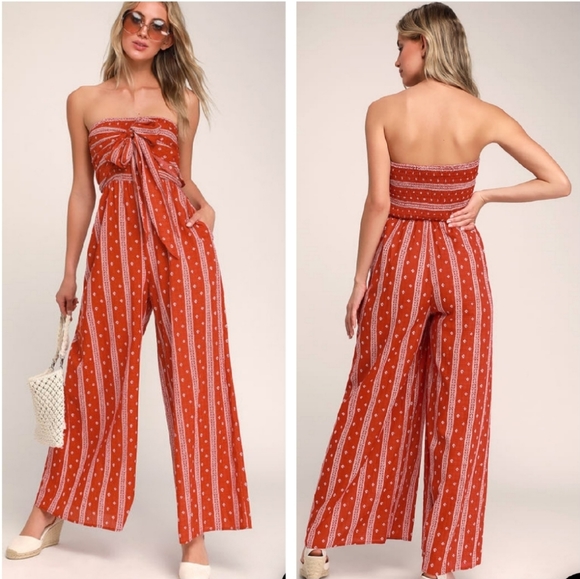 Lulus Pants - Raine Washed Red Print Strapless Jumpsuit